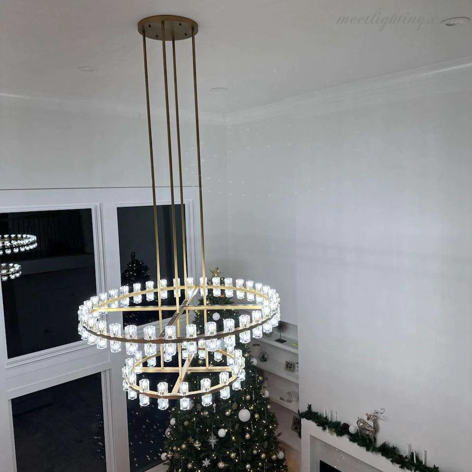 Lustre en cristal à deux niveaux, 152 cm, laiton et verre, suspension luxueuse pour salle à manger et salon | Sansoti