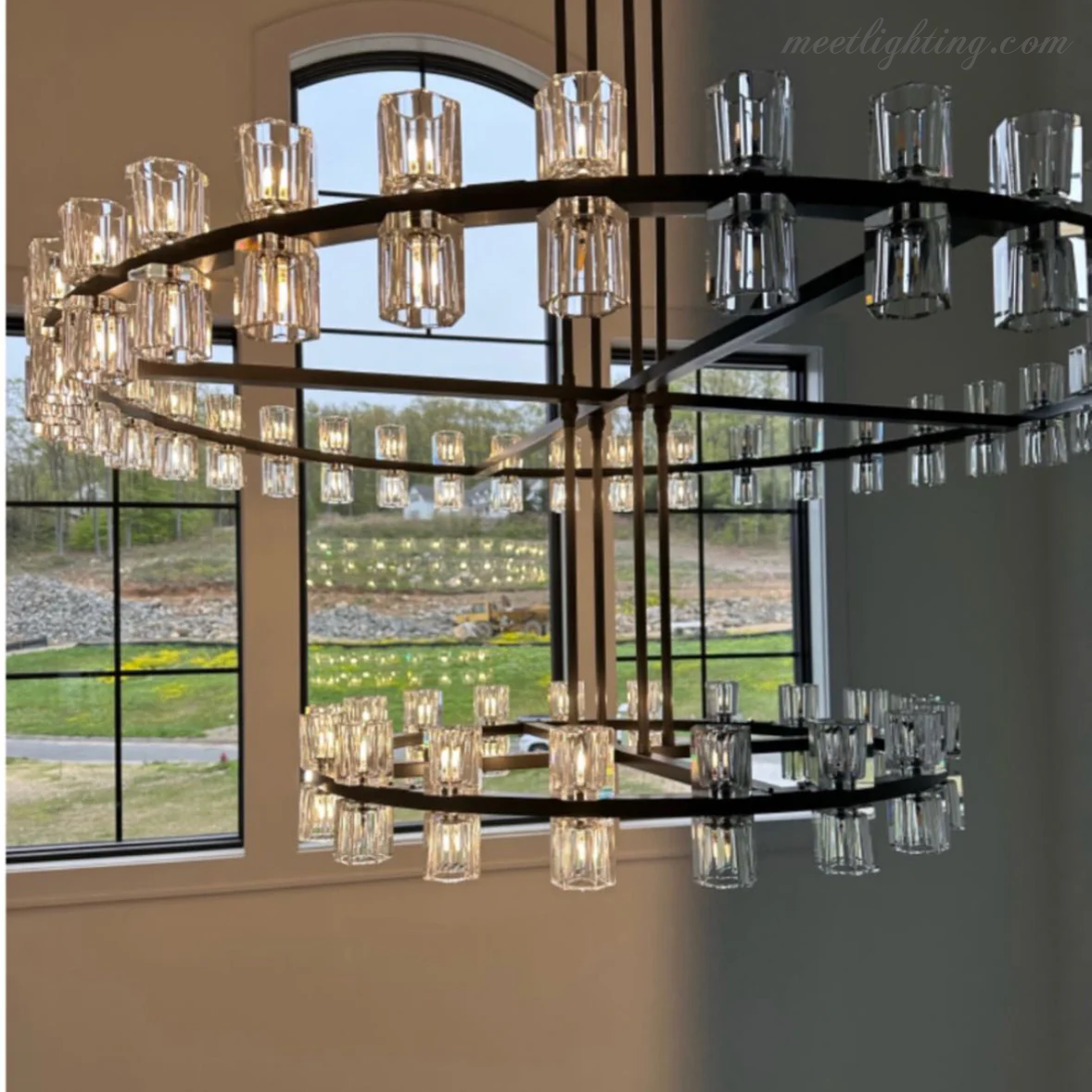 Lustre en cristal à deux niveaux, 152 cm, laiton et verre, suspension luxueuse pour salle à manger et salon | Sansoti