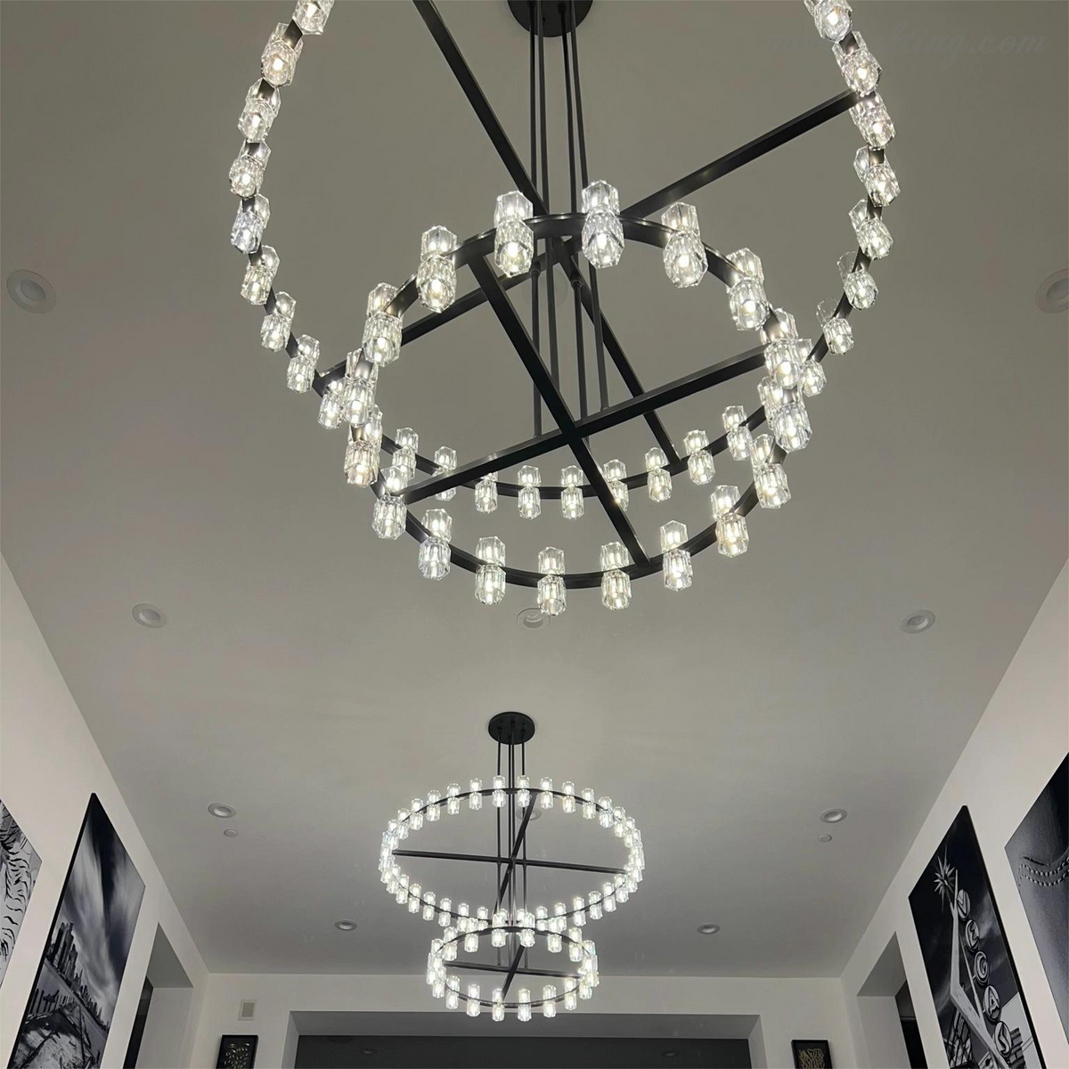 Lustre en cristal à deux niveaux, 152 cm, laiton et verre, suspension luxueuse pour salle à manger et salon | Sansoti