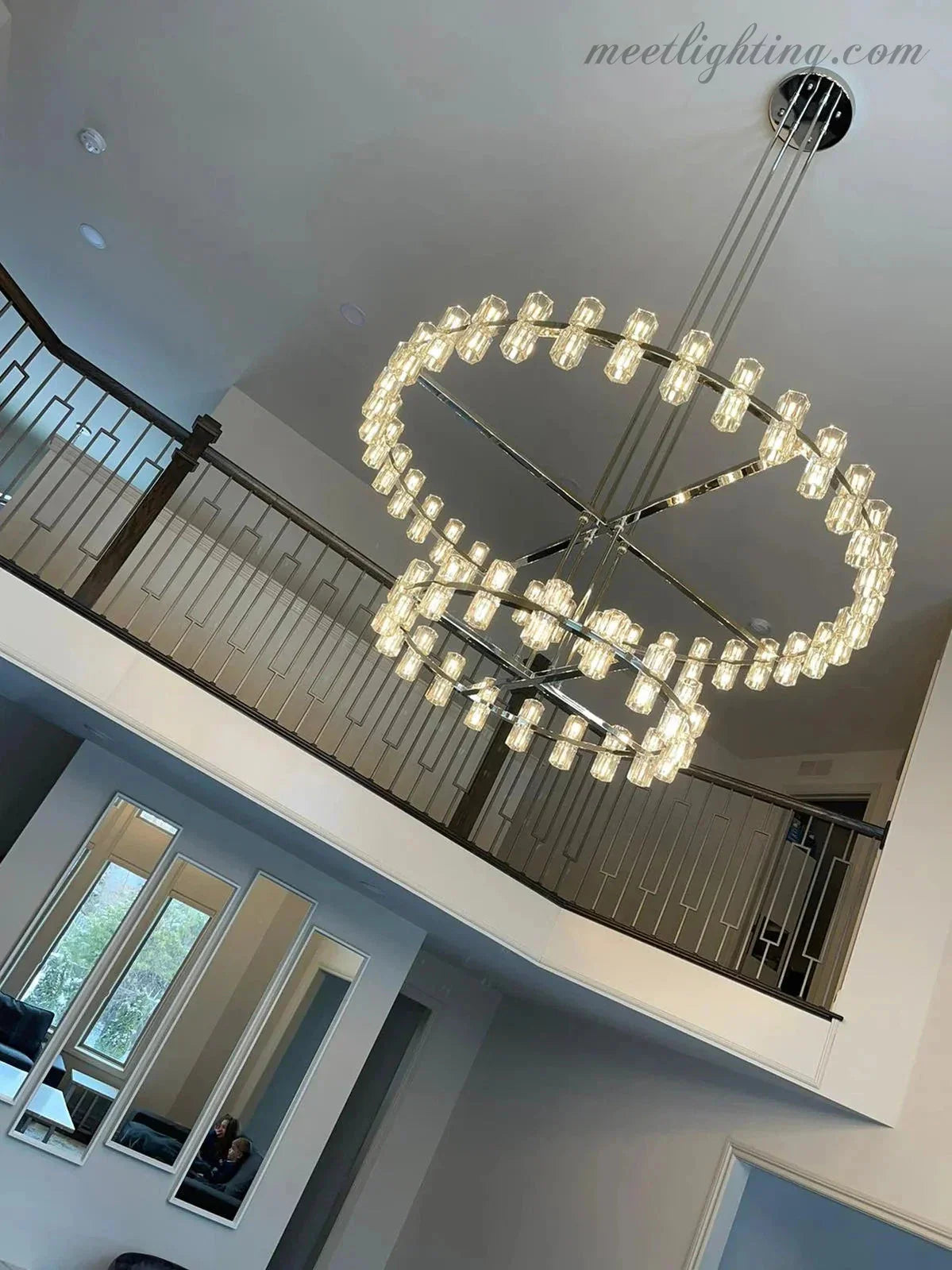 Lustre en cristal à deux niveaux, 152 cm, laiton et verre, suspension luxueuse pour salle à manger et salon | Sansoti