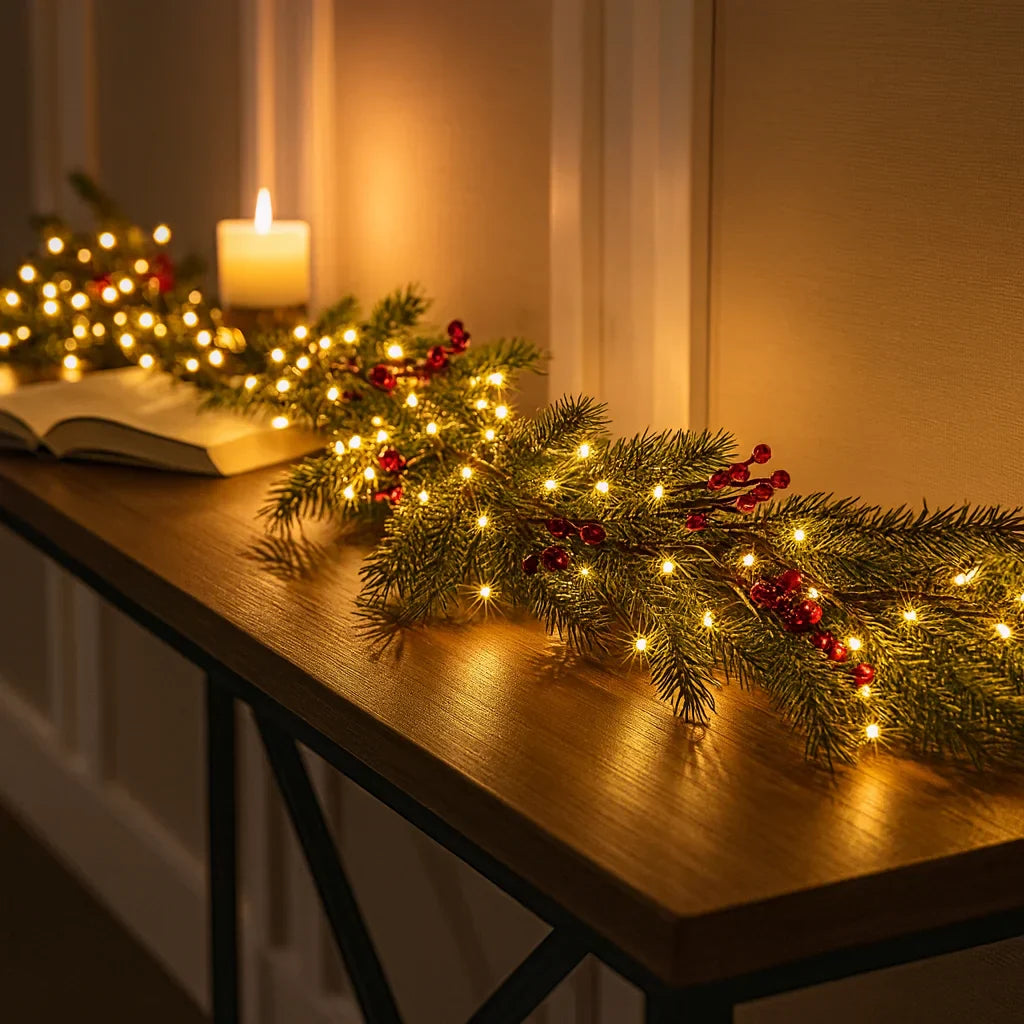 Illuminated Christmas Garland with Red Berries and Pine Branches 180cm Warm White – LED Decoration for Indoor | Sansoti