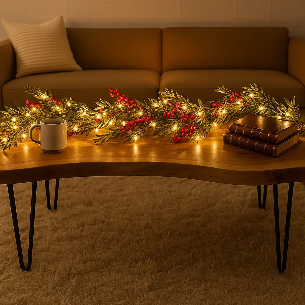 Illuminated Christmas Garland with Red Berries and Pine Branches 180cm Warm White – LED Decoration for Indoor | Sansoti