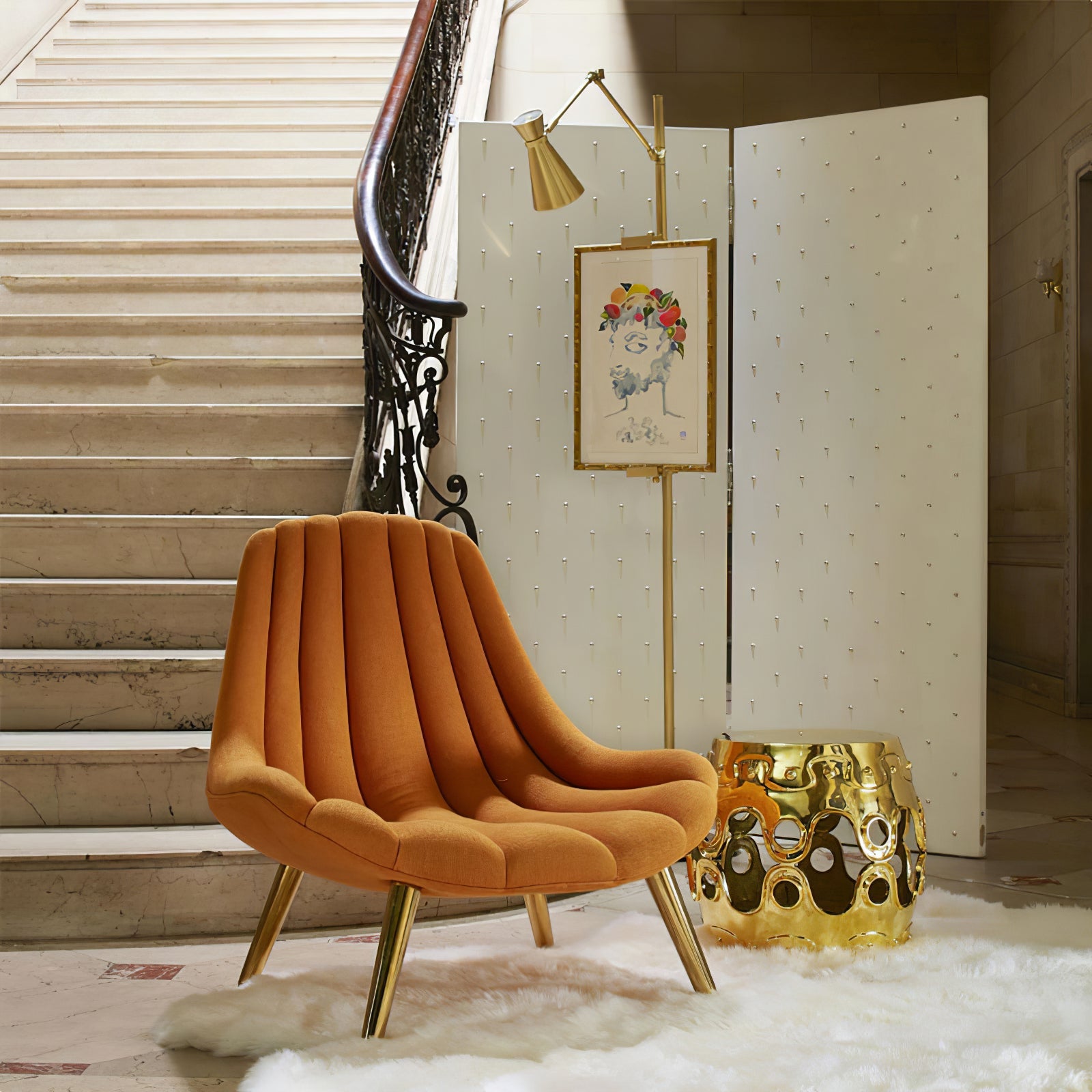 Vloerlamp met Ezelhouder Goudkleurig Frame Marmeren Voet E26/E27 Max 40W Moderne Verlichting voor Kunstwerken en Interieur | Sansoti