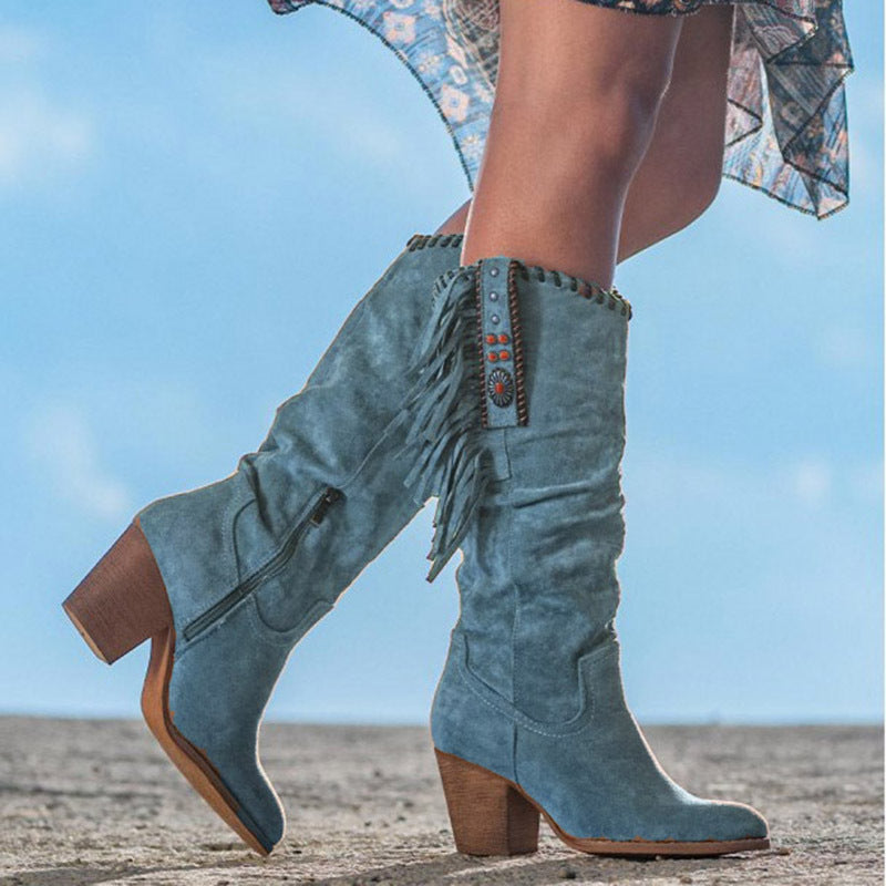 Western Laarzen met Franjes | Suède Kniehoge Dames Boots | Blok Hak & Boho Details | Sansoti