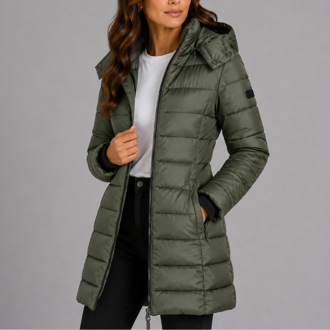 Lange gesteppte Damen-Pufferjacke mit abnehmbarer Kapuze, Taschen und warmem Futter, stilvolle Daunenjacke für den Winter | Sansoti