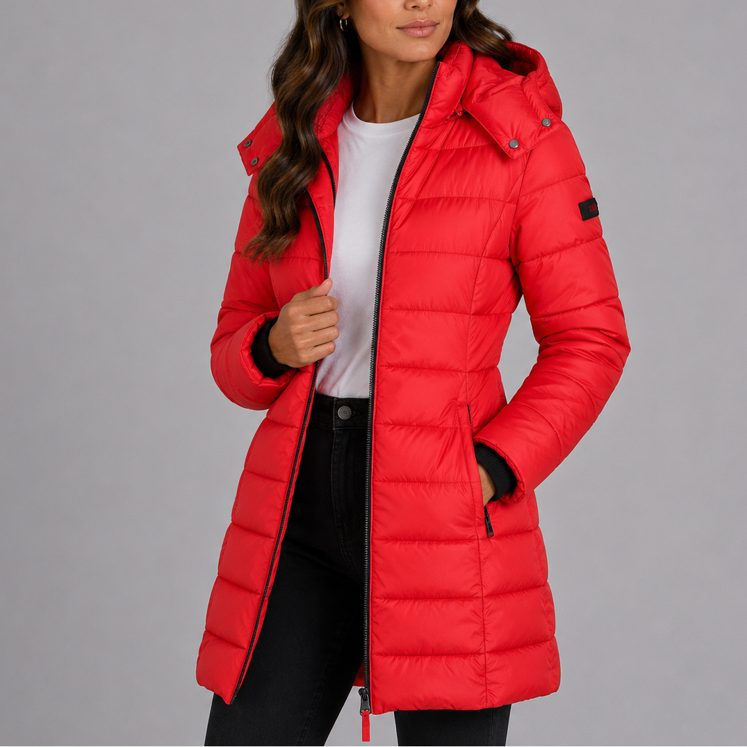 Lange gesteppte Damen-Pufferjacke mit abnehmbarer Kapuze, Taschen und warmem Futter, stilvolle Daunenjacke für den Winter | Sansoti