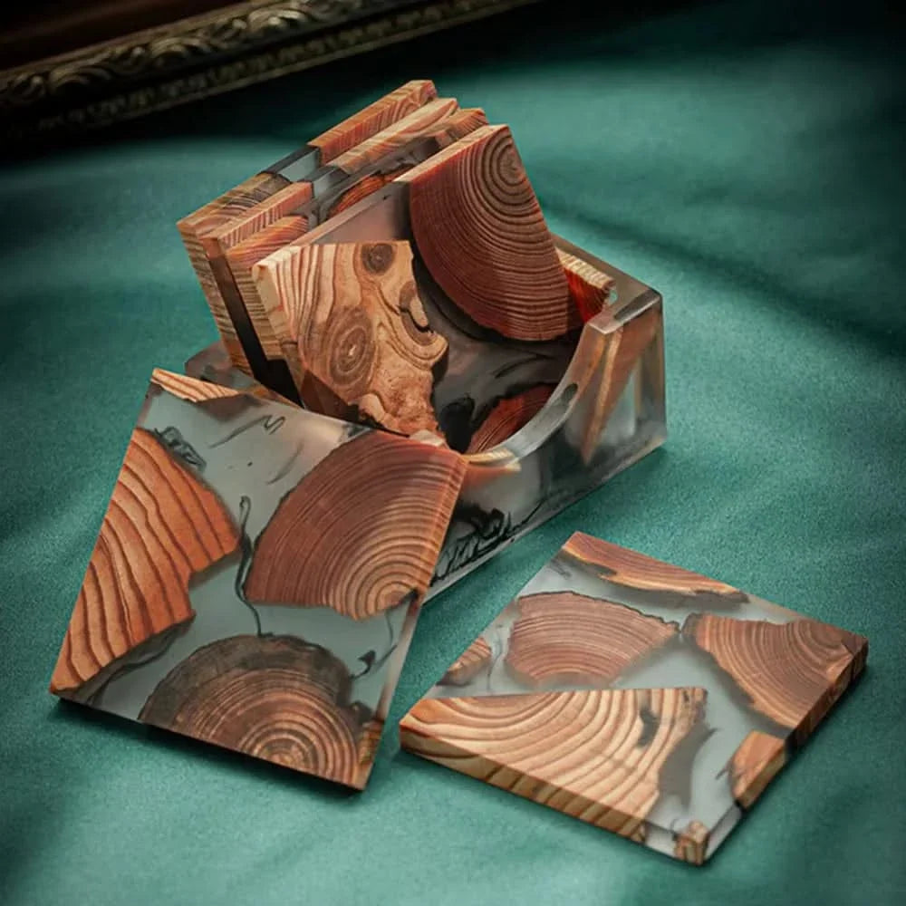 Square Wood and Resin Coasters Japanese Style Non-Slip Heat-Resistant Table Protection Drinkware Set Natural | Sansoti
