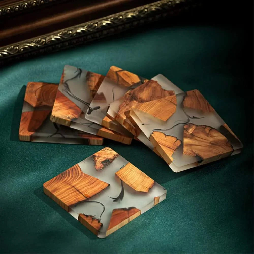 Square Wood and Resin Coasters Japanese Style Non-Slip Heat-Resistant Table Protection Drinkware Set Natural | Sansoti