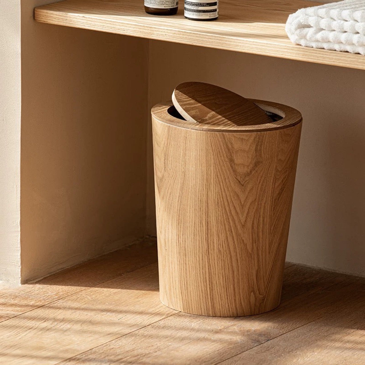 Houten Prullenbak Woonkamer Draaibaar Deksel Dubbelwandig Keuken Badkamer Kantoor Vuilnisbak Houtlook Afvalbak Bureau | Sansoti