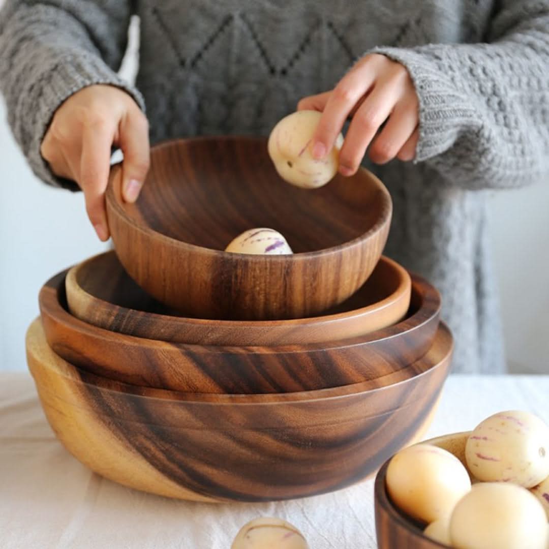 Set de saladiers et de corbeilles à fruits ronds en bambou et bois naturel, de différentes tailles, durable, pour la cuisine | Sansoti