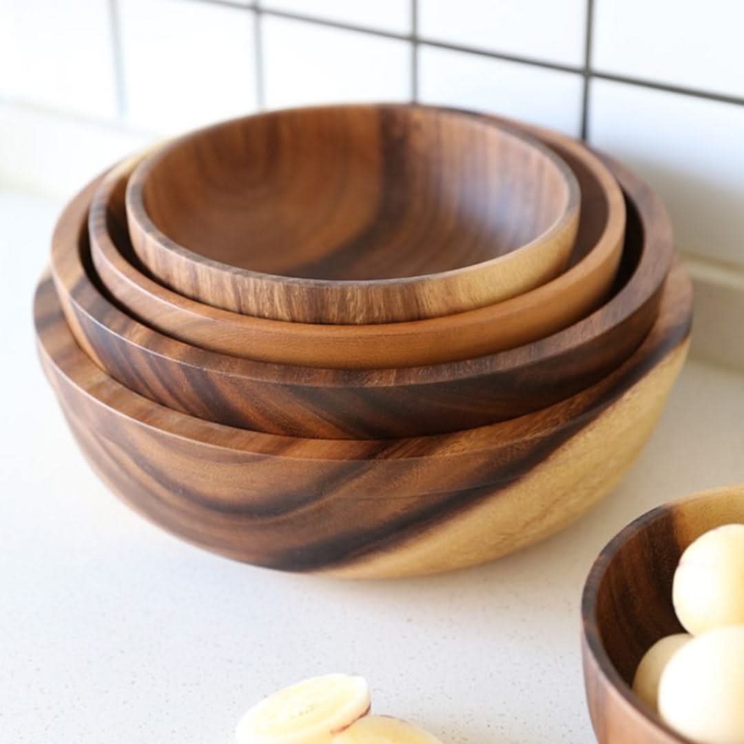 Set de saladiers et de corbeilles à fruits ronds en bambou et bois naturel, de différentes tailles, durable, pour la cuisine | Sansoti