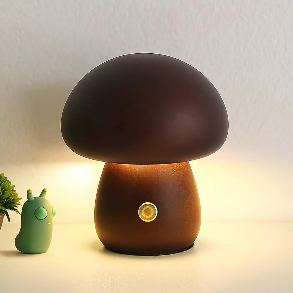 Houten Paddenstoel Tafellamp met Ingebouwde Batterij & Touch-bediening – Warm Sfeerlicht voor Woonkamer, Slaapkamer, Kantoor – Oplaadbare LED-lamp met Dimfunctie – Decoratieve Sfeerverlichting | Sansoti