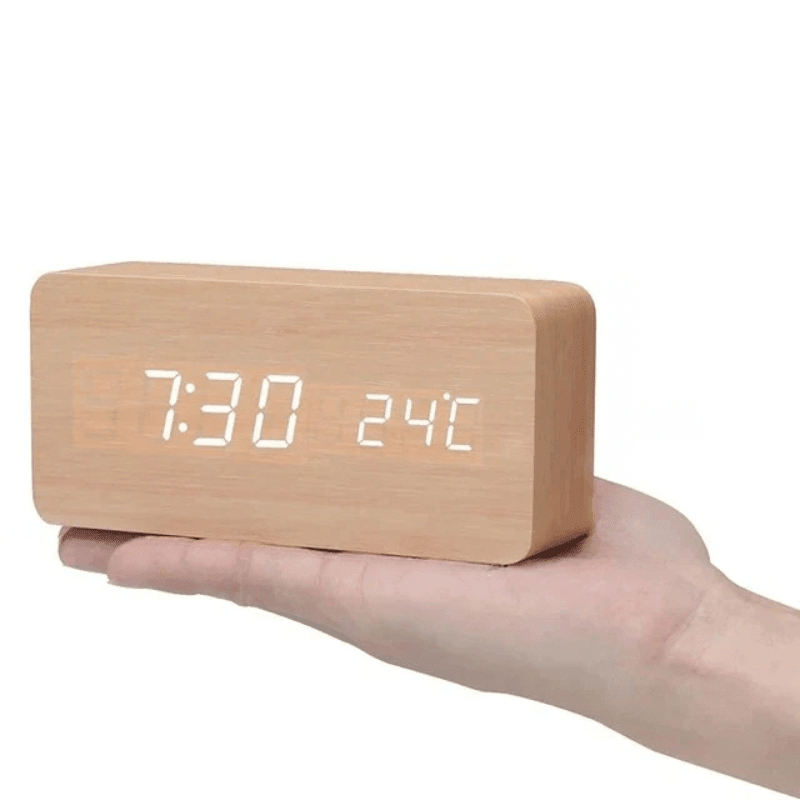 Digitale Houten Tafelklok met Stemactivering LED-Tijdsweergave Wekker Temperatuur voor Slaapkamer Kantoor | Sansoti