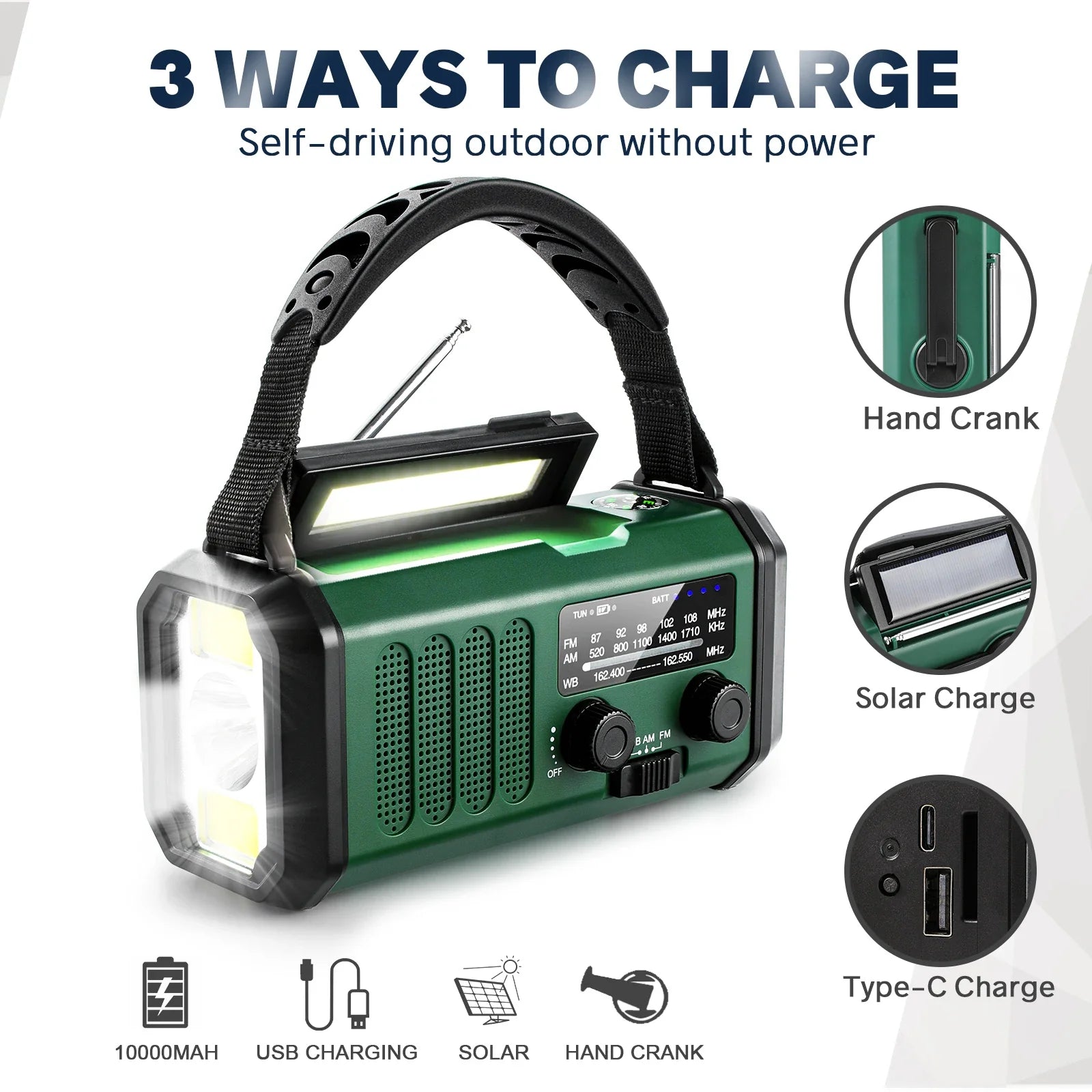 Handgenerator Noodradio met Zonne-energie en AM/FM Ontvangst 10.000 mAh | Sansoti
