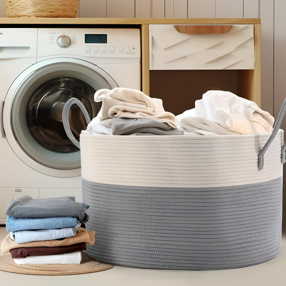 Geweven Opbergmand 51x34cm Bruin-Grijs Wasgoed Speelgoed Organizer met Stevige Handvatten Machinewasbaar Polyester | Sansoti