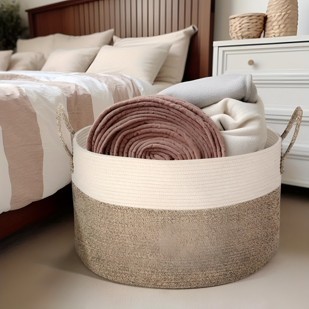 Geweven Opbergmand 51x34cm Bruin-Grijs Wasgoed Speelgoed Organizer met Stevige Handvatten Machinewasbaar Polyester | Sansoti