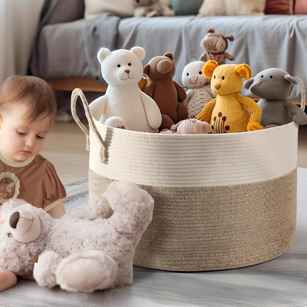 Geweven Opbergmand 51x34cm Bruin-Grijs Wasgoed Speelgoed Organizer met Stevige Handvatten Machinewasbaar Polyester | Sansoti