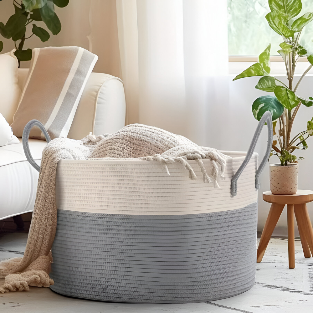 Geweven Opbergmand 51x34cm Bruin-Grijs Wasgoed Speelgoed Organizer met Stevige Handvatten Machinewasbaar Polyester | Sansoti