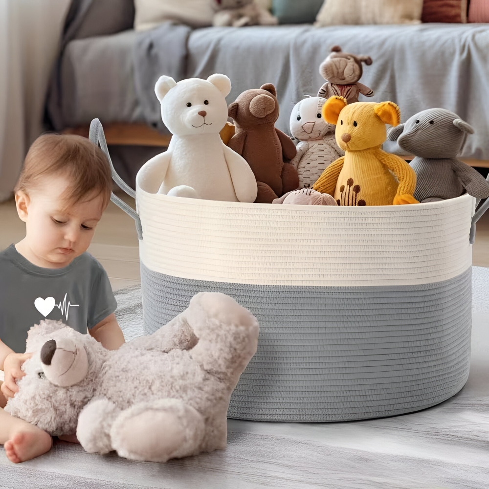 Geweven Opbergmand 51x34cm Bruin-Grijs Wasgoed Speelgoed Organizer met Stevige Handvatten Machinewasbaar Polyester | Sansoti