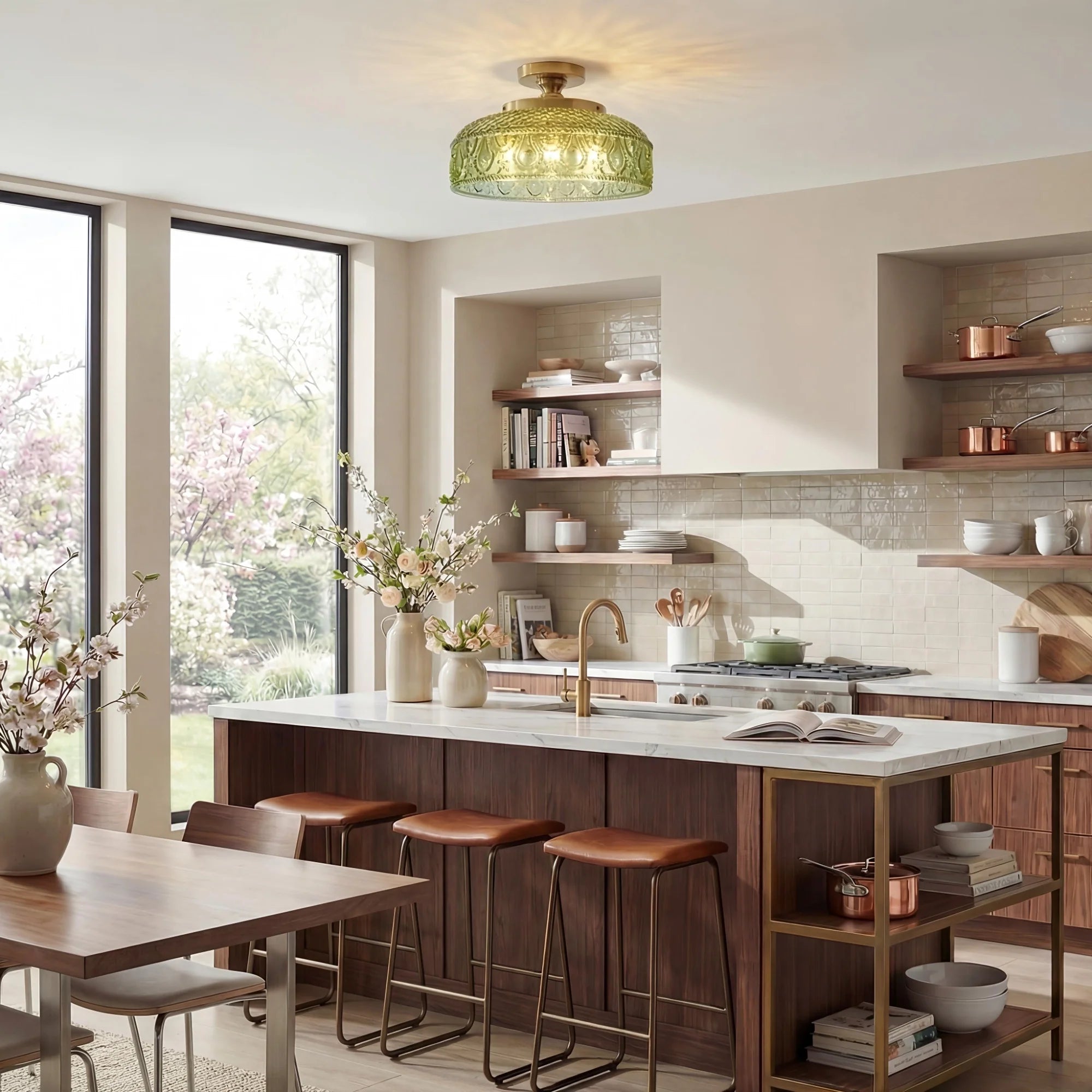 Moderne Plafondlamp met Getextureerde Glazen Schijf – Goud, Zwart & Groen – Ø30cm Designverlichting voor Woonkamer, Slaapkamer, Gang | Sansoti