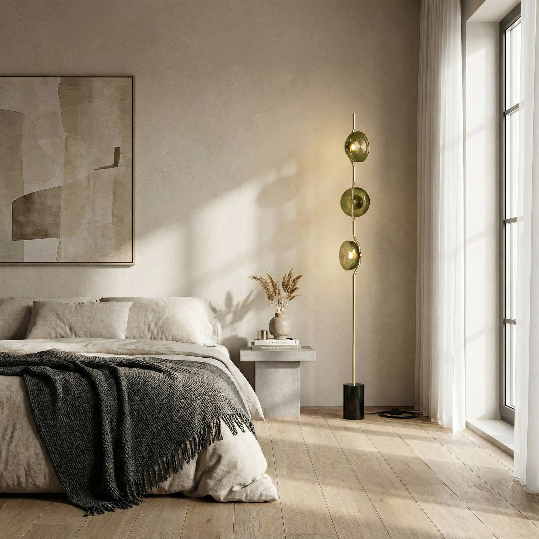 Vloerlamp met groen glas en geïntegreerde LED | 180 cm hoog | moderne vloerverlichting met sculptuur | Sansoti