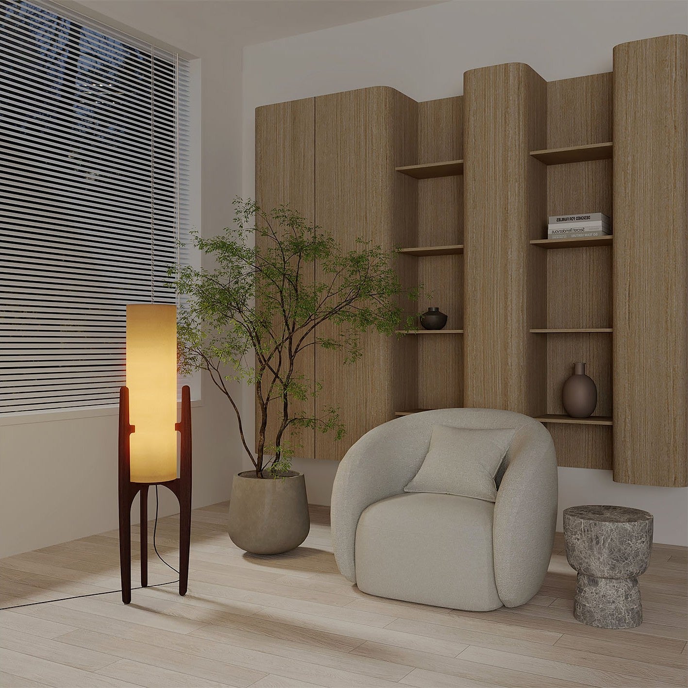 Lampadaire zen avec abat-jour en lin et cadre en bois naturel | Restfield