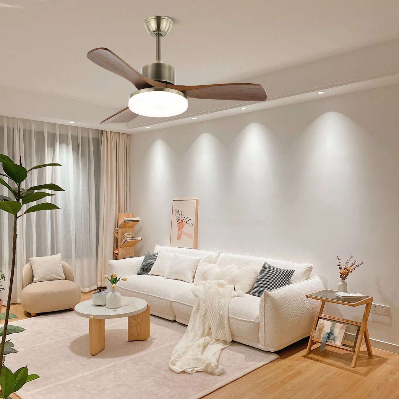 Plafondventilator met Verlichting – Minimalistische Ventilator in Zilver en Hout – 6 Snelheden – Afstandsbediening – 106/132 cm – LED 35W – Plafondverlichting met Ventilatiefunctie | Sansoti