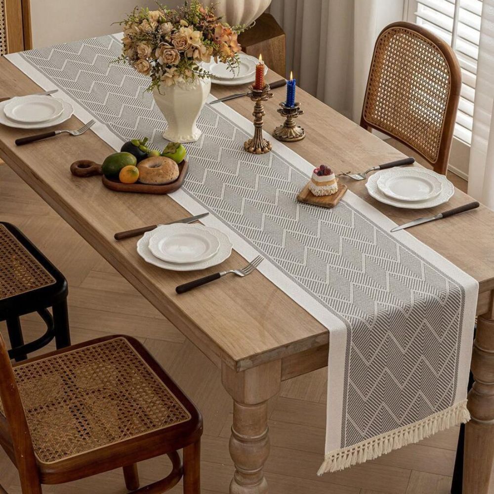 Chemin de table tissé de luxe à motif zigzag – Chemin de table scandinave pour table à manger et intérieur