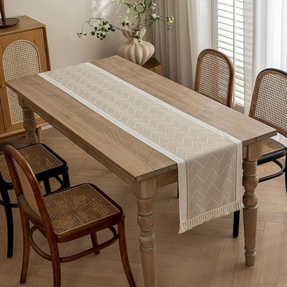 Chemin de table tissé de luxe à motif zigzag – Chemin de table scandinave pour table à manger et intérieur