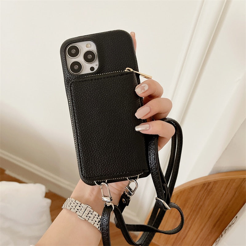 Telefoonhoesje met Portemonnee Crossbody Band iPhone Kunstleer Kaarthouder Standaard Handsfree Bescherming | Sansoti