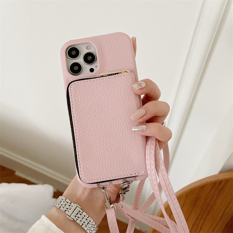 Telefoonhoesje met Portemonnee Crossbody Band iPhone Kunstleer Kaarthouder Standaard Handsfree Bescherming | Sansoti