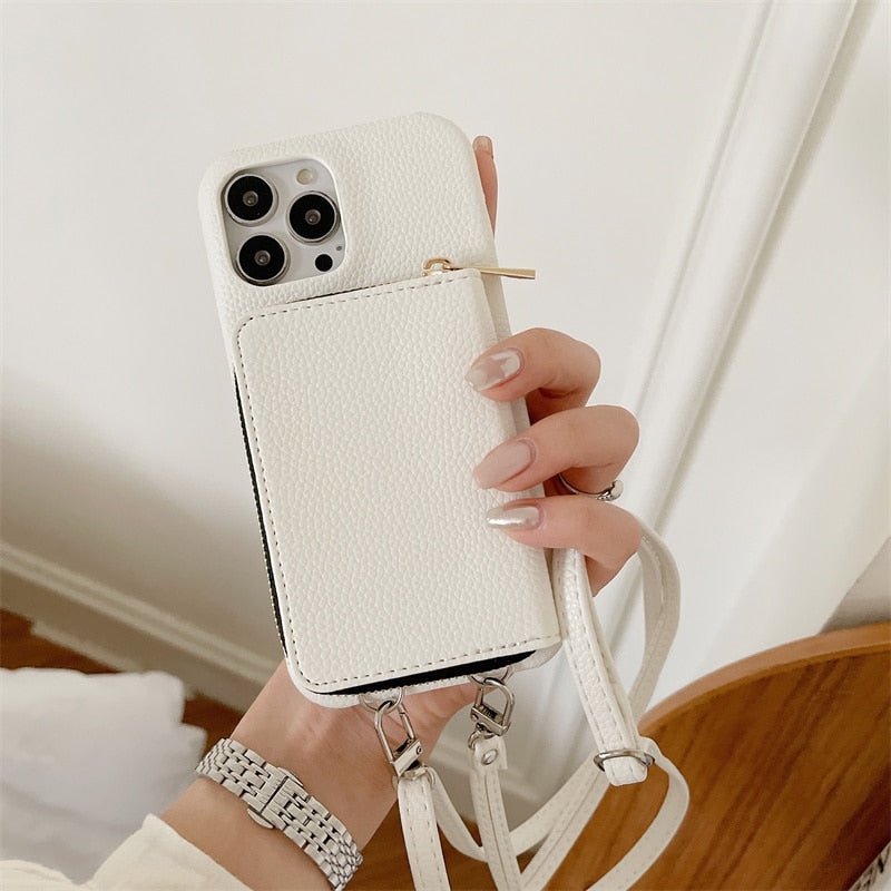 Telefoonhoesje met Portemonnee Crossbody Band iPhone Kunstleer Kaarthouder Standaard Handsfree Bescherming | Sansoti