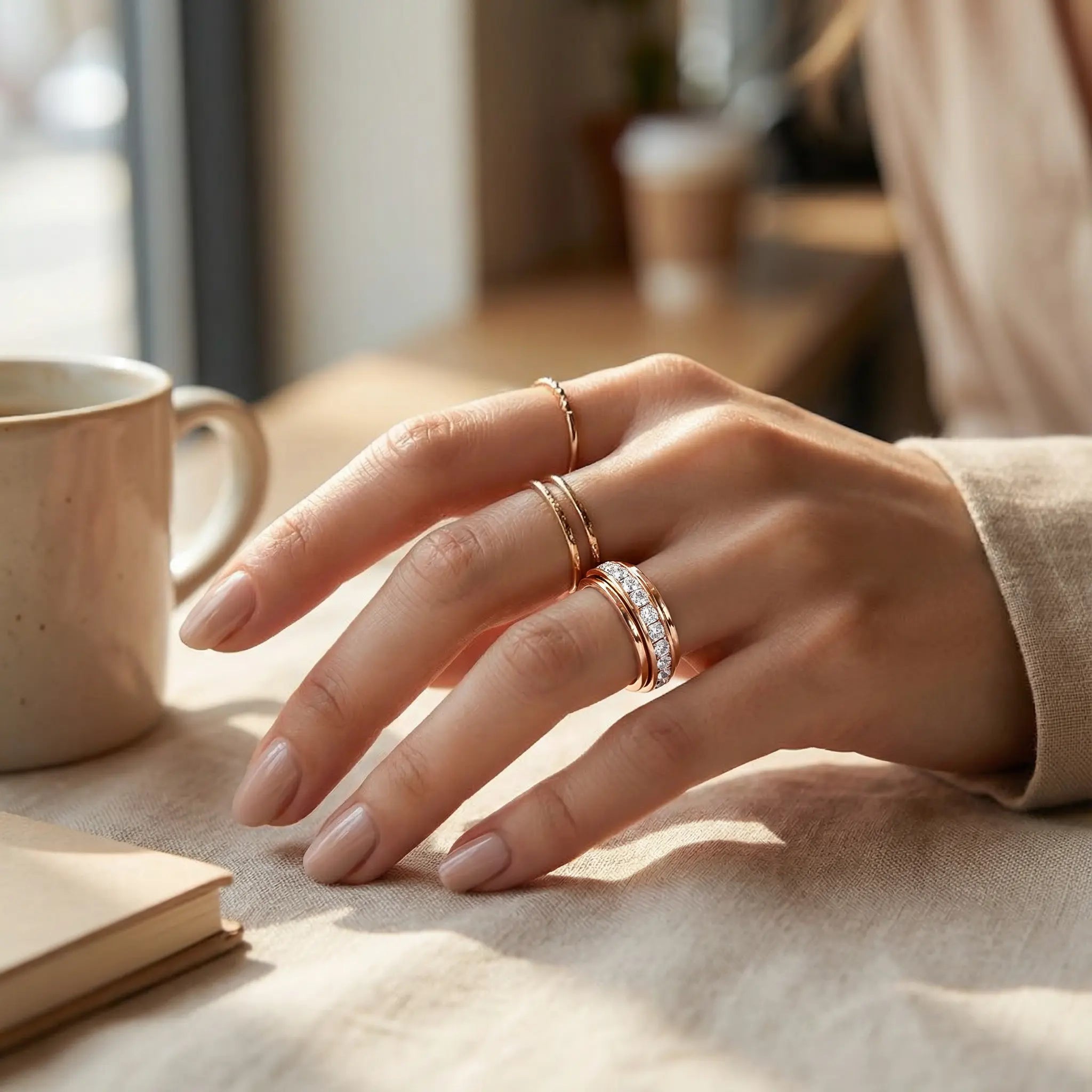 Draaibare Ring met Zirkonia Stenen Titanium Staal Zilver Goud Rosé Goud 3 Kleuren Briljante Sieraden voor Dagelijks Gebruik | Sansoti