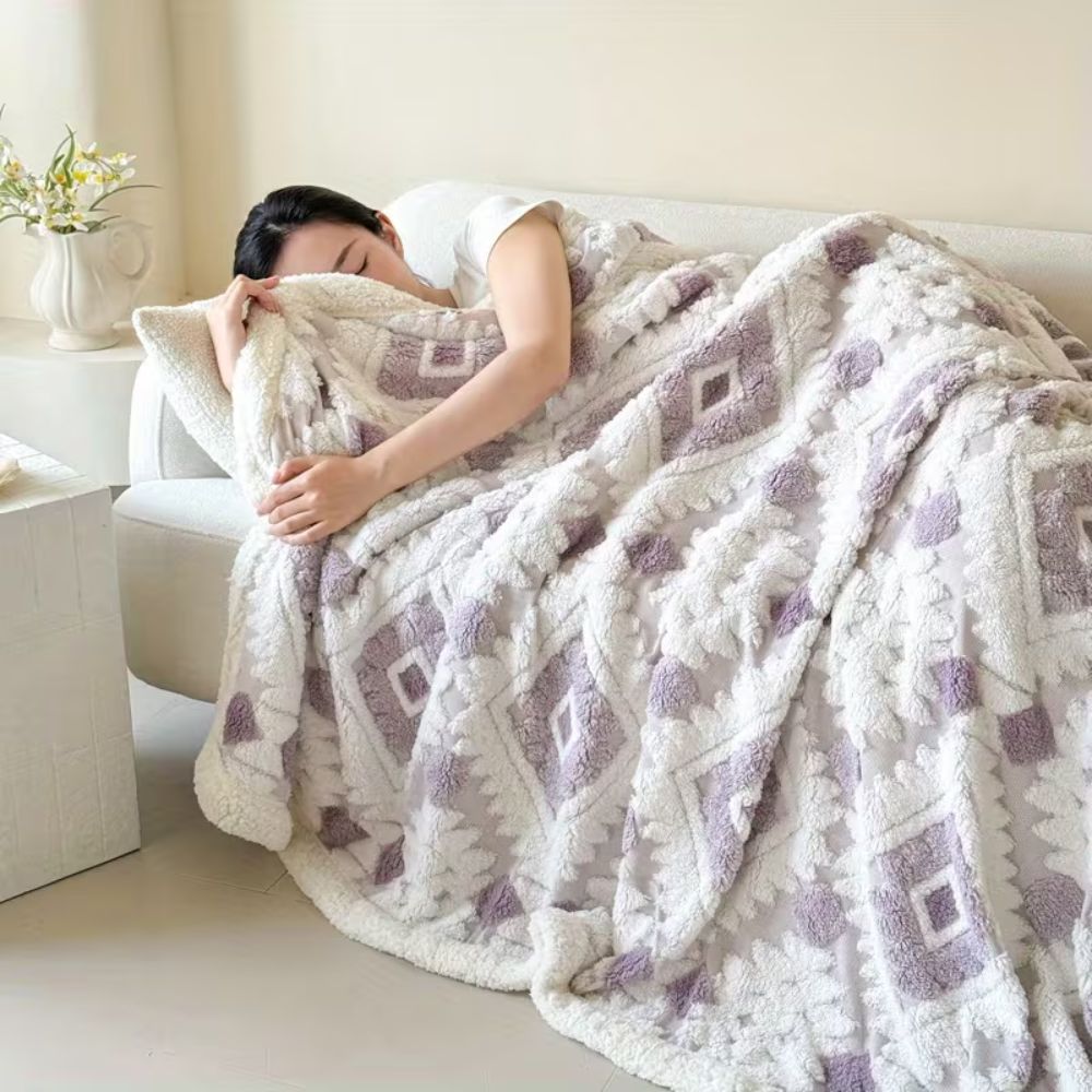 Doppelter Plaid mit geometrischem Muster aus Vintage-Mikrofaser für Wohnzimmer und Schlafzimmer, Sofadecke, weich, warm und komfortabel | Sansoti