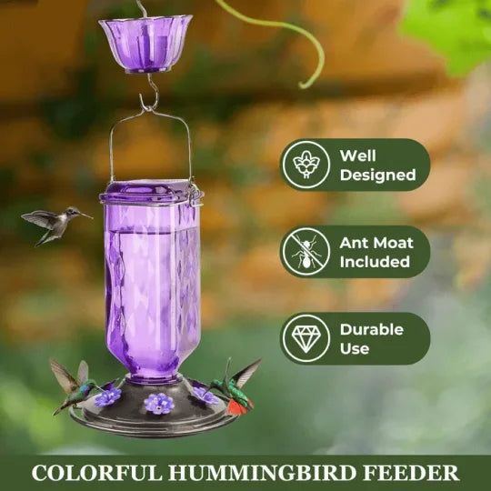 Glas-Kolibri-Futterstation 700ml mit sechs Blumen-Sitzplätzen, Ameisensperre und Aufhängehaken für Gartenvögel | Sansoti