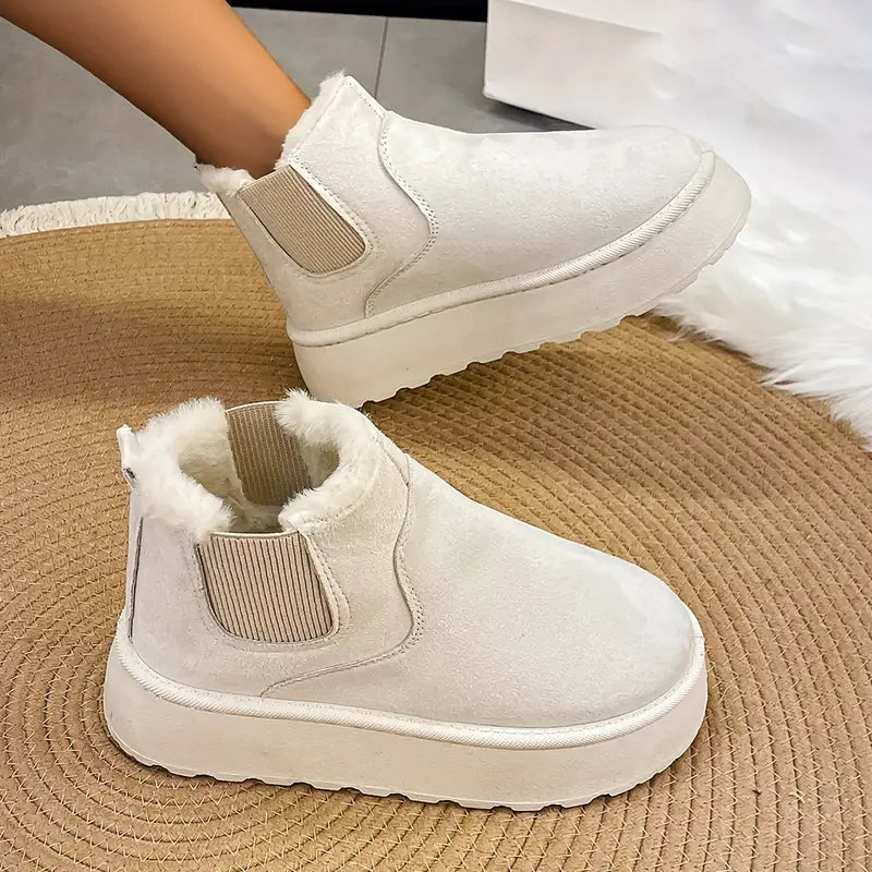 Fleece Slip-On Laarzen met Bontvoering Dames Platte Hak Ronde Neus Zachte Warme Winterlaarzen Beige Bruin Grijs Zwart | Sansoti