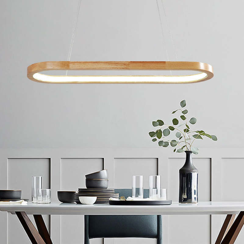 Suspension ovale en bois avec éclairage LED pour salle à manger, salon et cuisine, design scandinave, lumière chaleureuse | Sansoti