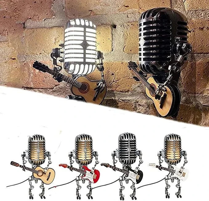 Lampe robot avec microphone et guitare, en métal, lampe de table vintage noire, blanche, rouge et jaune, réglable, design musicien | Sansoti