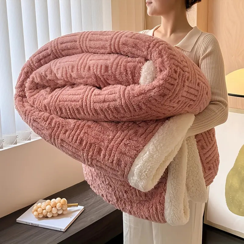 Sherpa Throw Double-Layer Woven Pattern Polyester Soft Warm Beige Gray Pink Green Blue 100-230cm | Sansoti