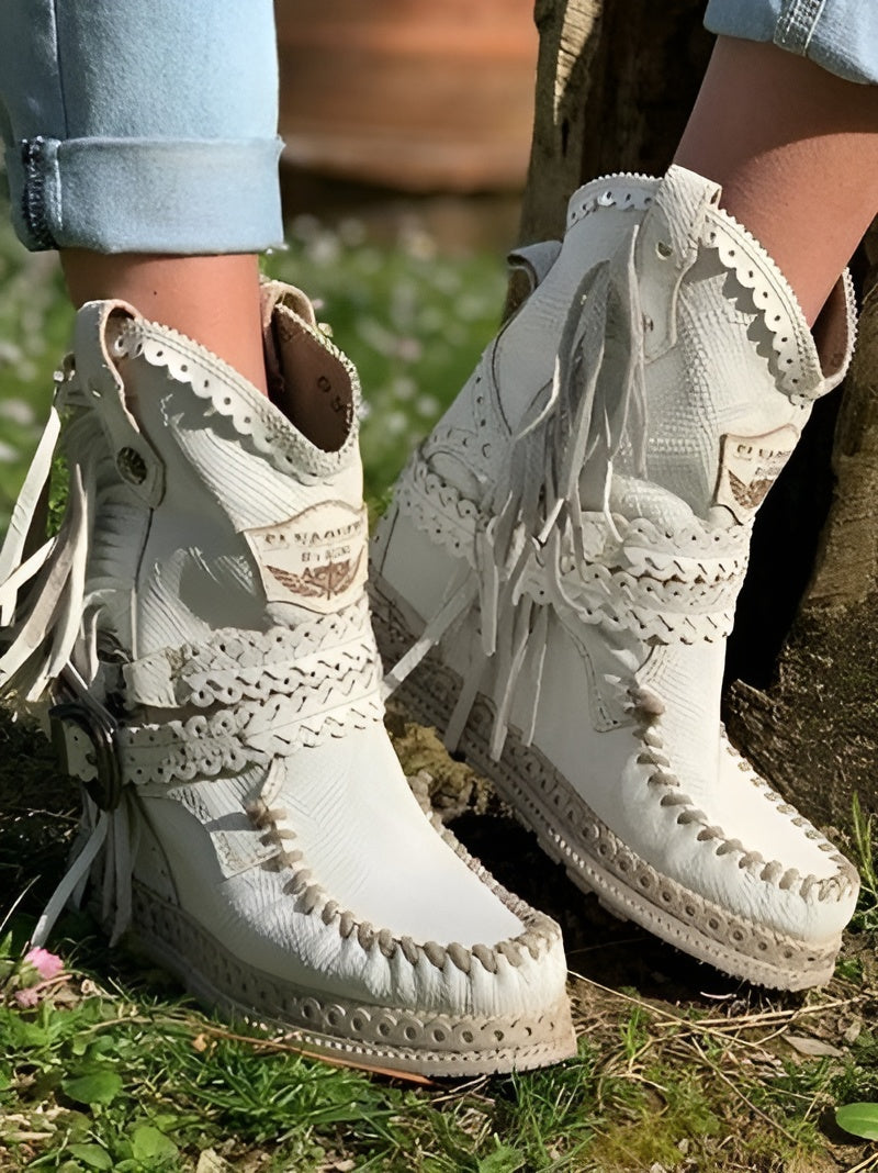 Boho Laarsjes met Franje voor Dames – Suède Western Stijl met Comfort Loopzool | Sansoti