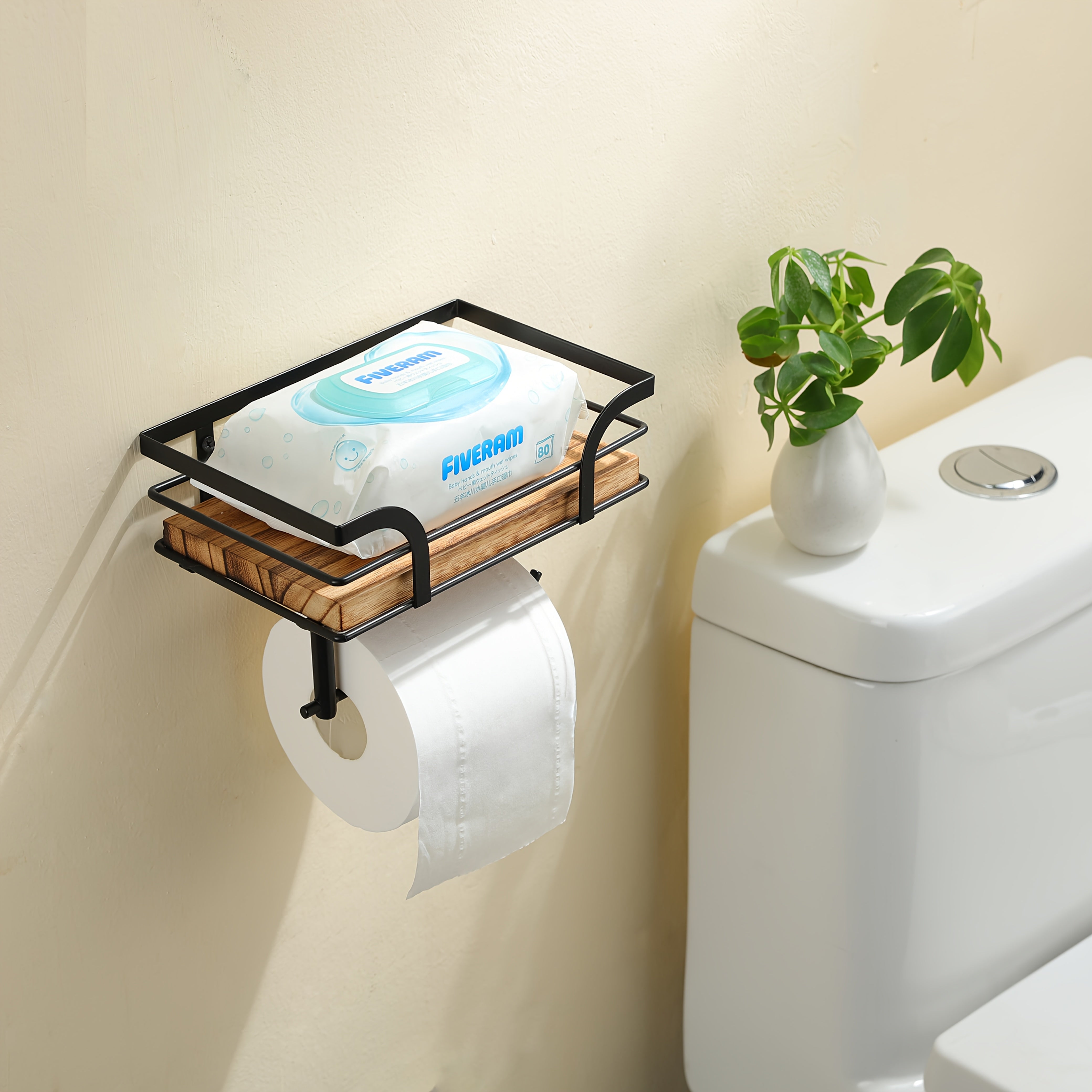 Wandplank Badkamer Smeedijzer Hout met Toiletrolhouder 20cm Zwart Toilet Opberger Wc Rek Muurplank | Sansoti