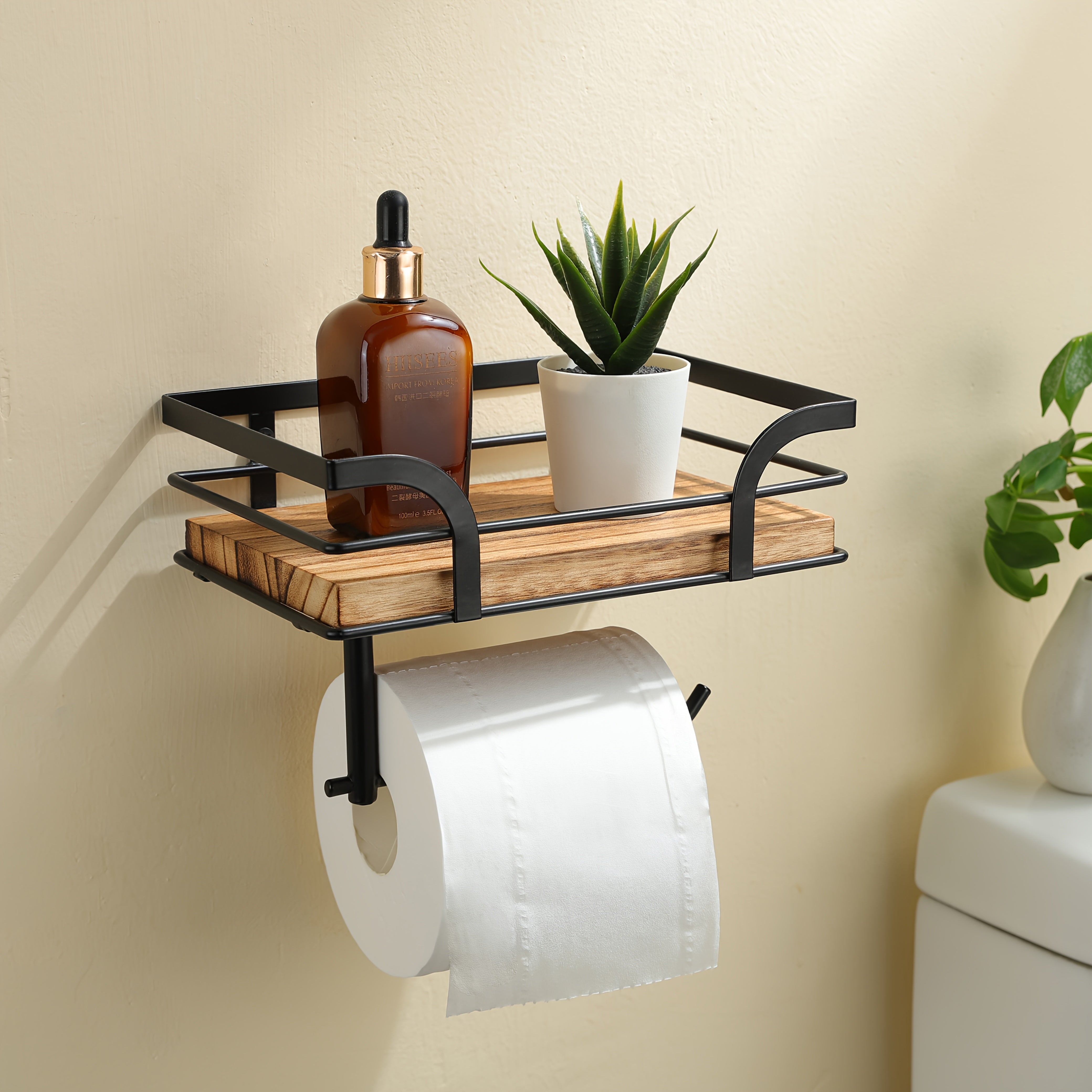 Wandplank Badkamer Smeedijzer Hout met Toiletrolhouder 20cm Zwart Toilet Opberger Wc Rek Muurplank | Sansoti