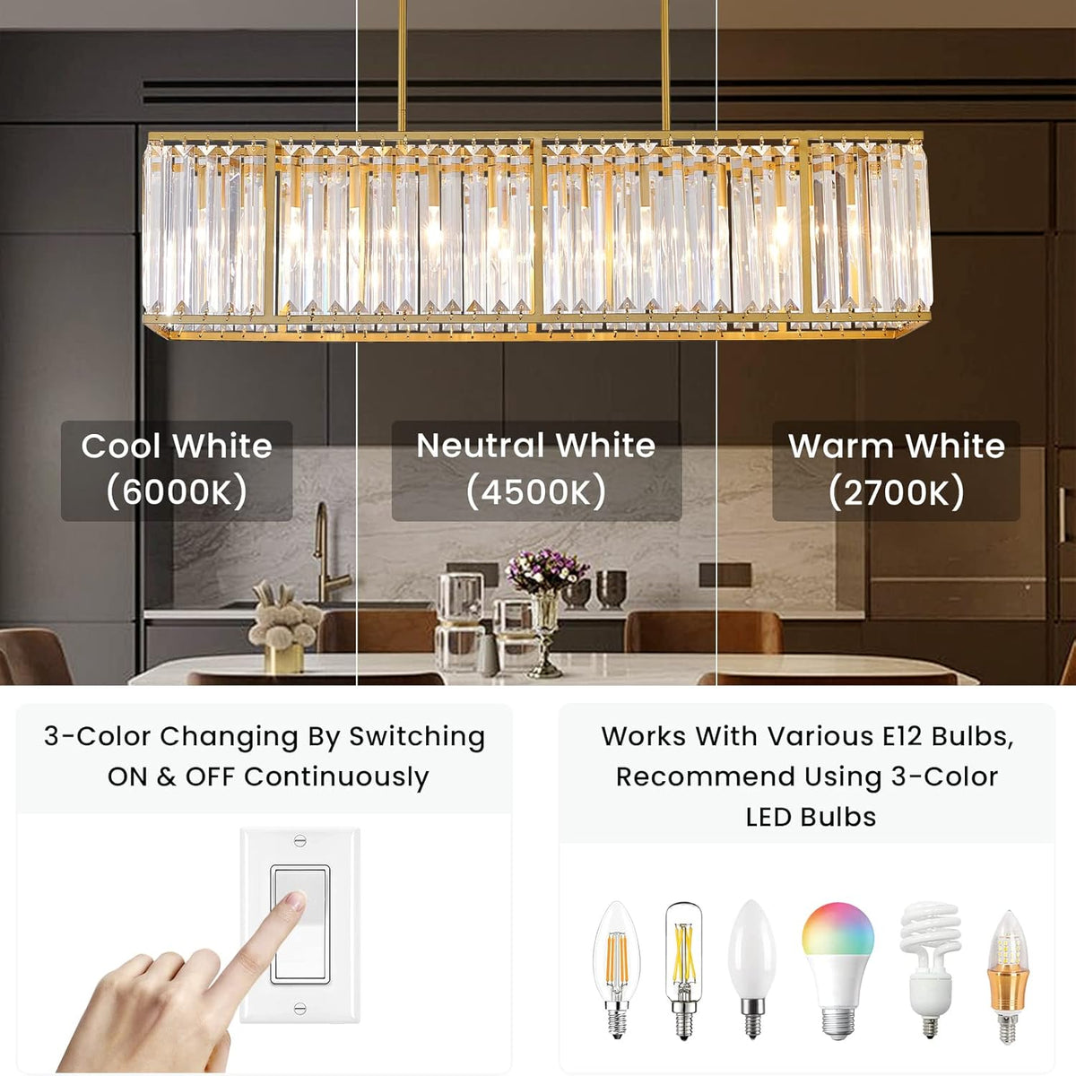 Crystal Linear Pendant Light for Kitchen Island, Dining Room Ceiling Chandelier, Scandinavian Design | Sansoti