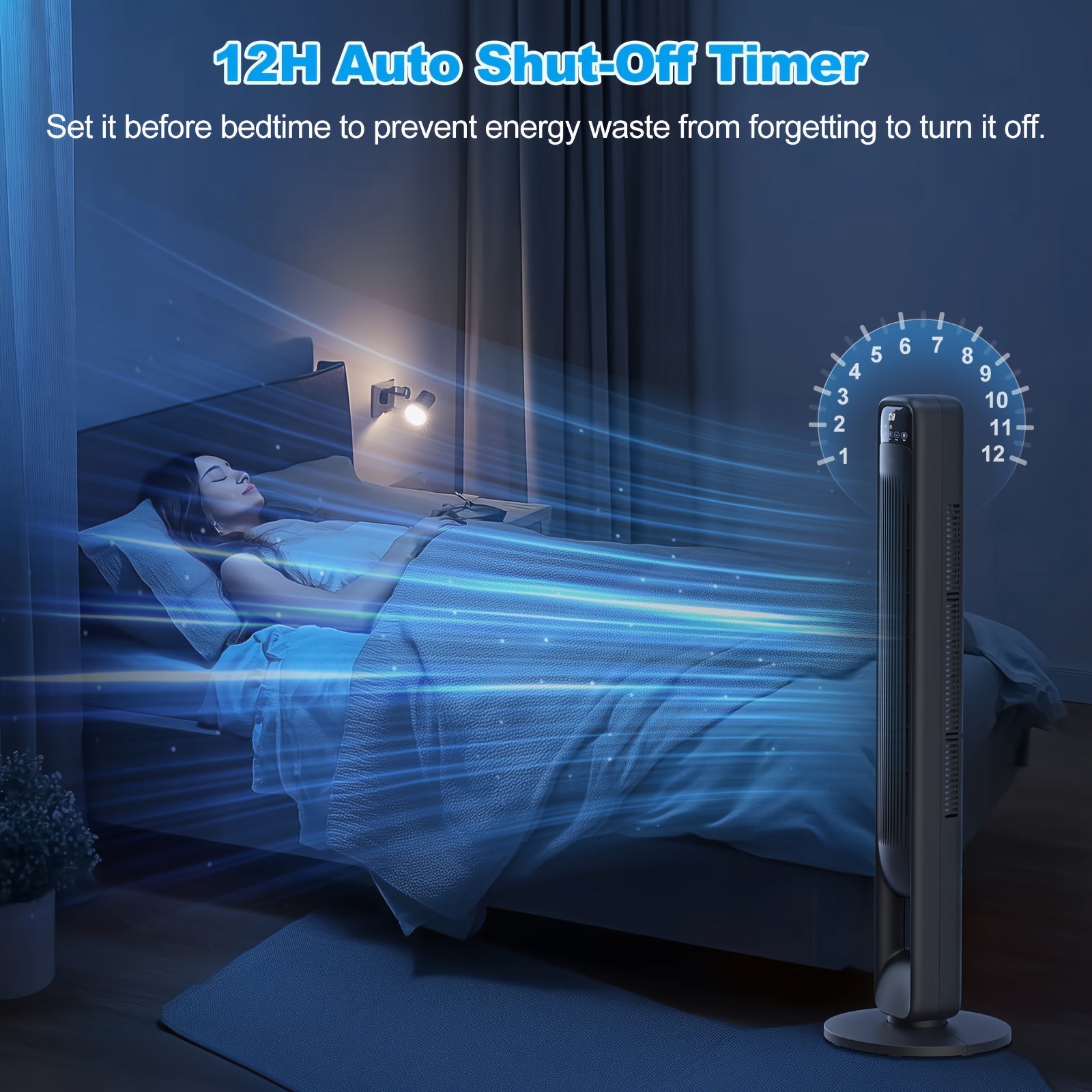Bladloze Torenventilator 106 cm Zwart Stil 3 Snelheden 12u Timer Oscillerend 60° LED Display Slaapkamer Kantoor Woonkamer | Sansoti