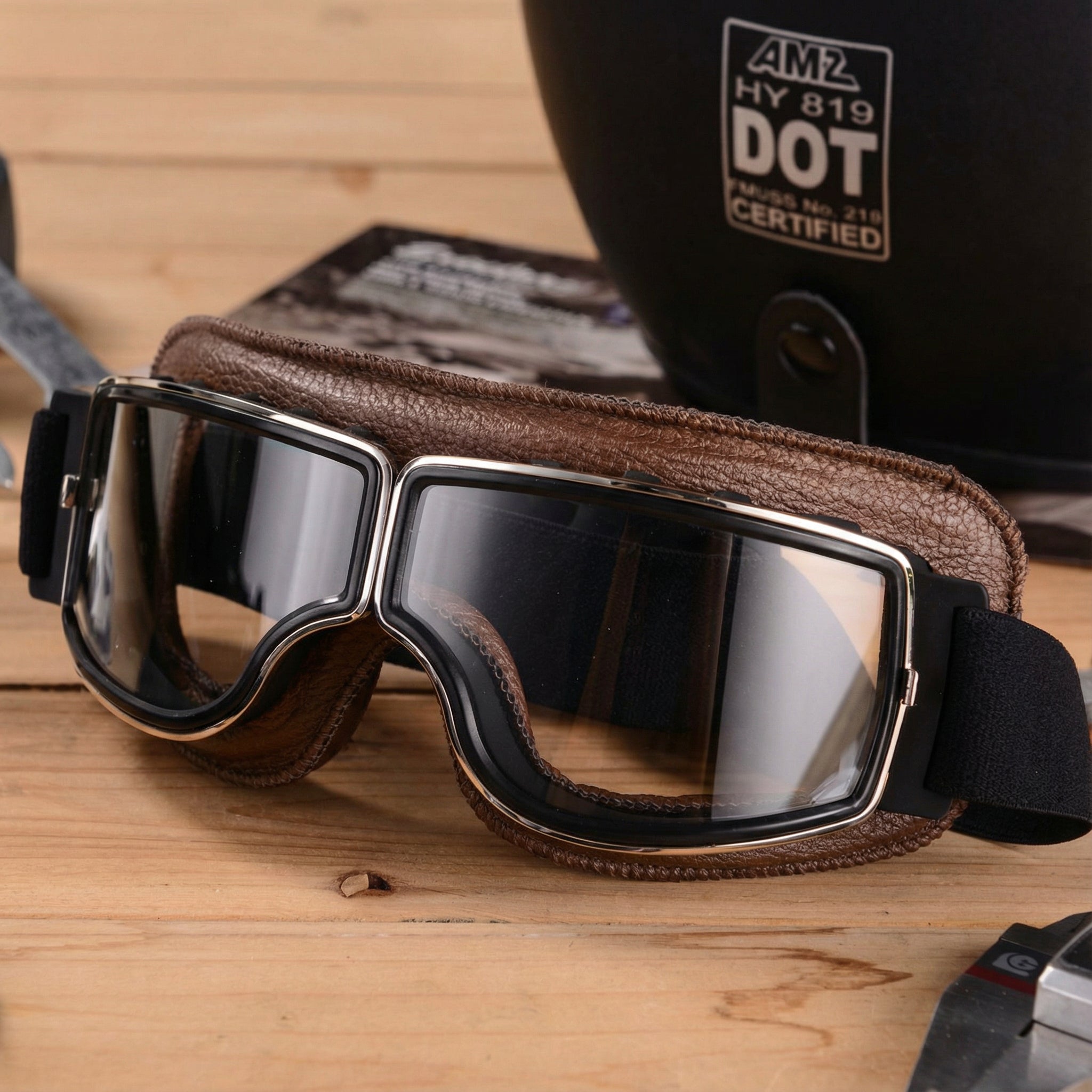 Retro Motorgoggles met Leren Frame en Splintervrije Glazen | Vintage Motorbril Wind- en Stofbestendig | Sansoti