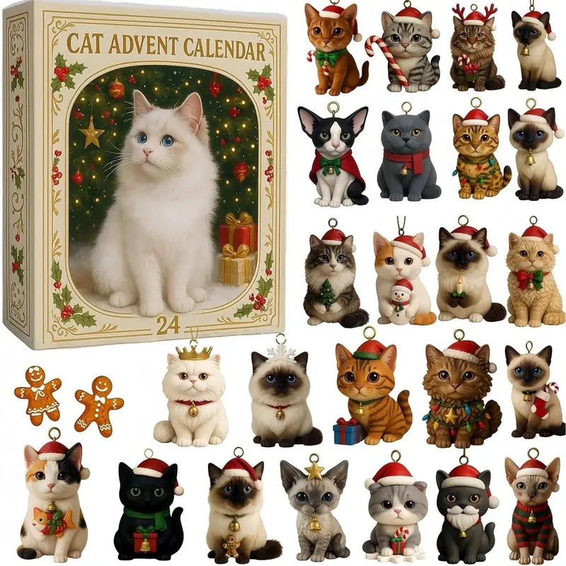 Advent Calendar with 24 Acrylic Cat Figurines, Christmas Decorations, Hanging Ornaments, Children’s Holiday December Countdown | Sansoti