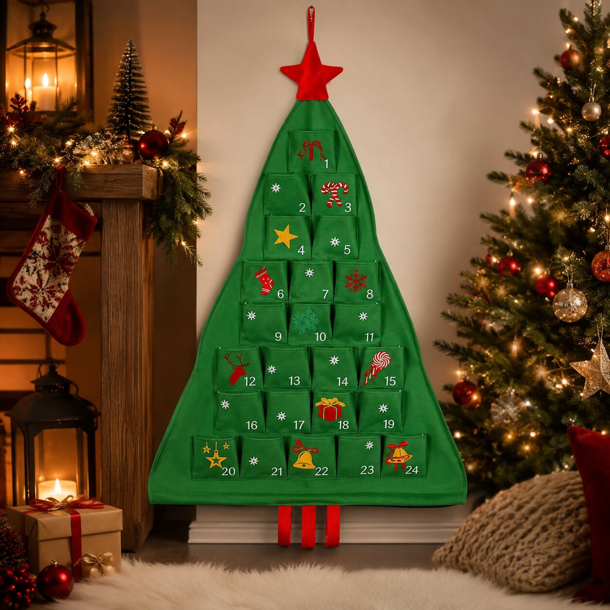 Refillable Christmas Tree Advent Calendar 24 Compartments Fabric Christmas Countdown Decoration Hanging Advent Calendar | Sansoti