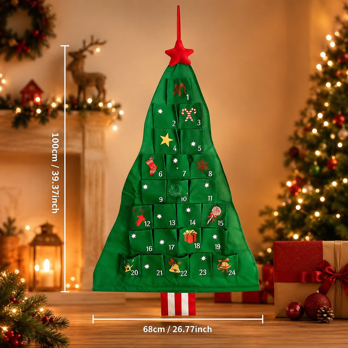 Refillable Christmas Tree Advent Calendar 24 Compartments Fabric Christmas Countdown Decoration Hanging Advent Calendar | Sansoti