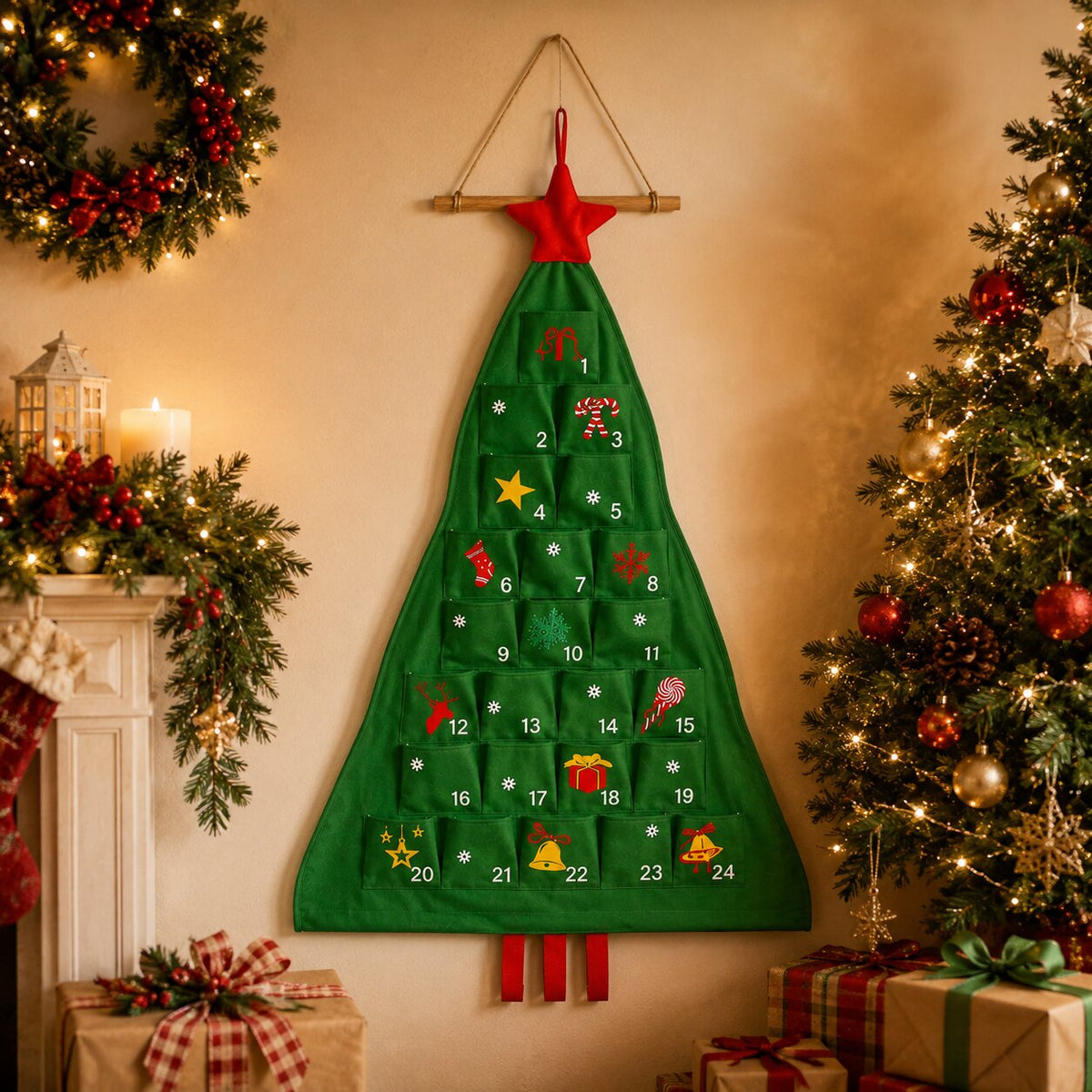 Refillable Christmas Tree Advent Calendar 24 Compartments Fabric Christmas Countdown Decoration Hanging Advent Calendar | Sansoti