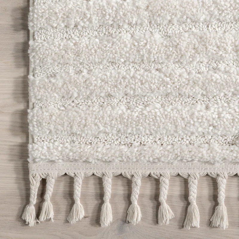 Tapis Japandi Poils Longs Géométrique Franges Crème Polypropylène Salon Chambre | Restfield